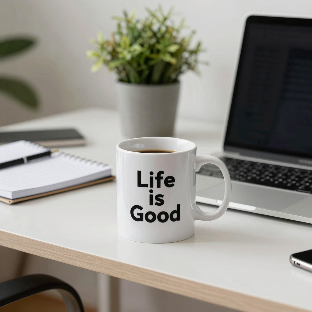 Life is Good coffee mug on office desk