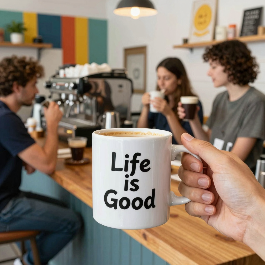 Life is Good coffee mug in coffee shop