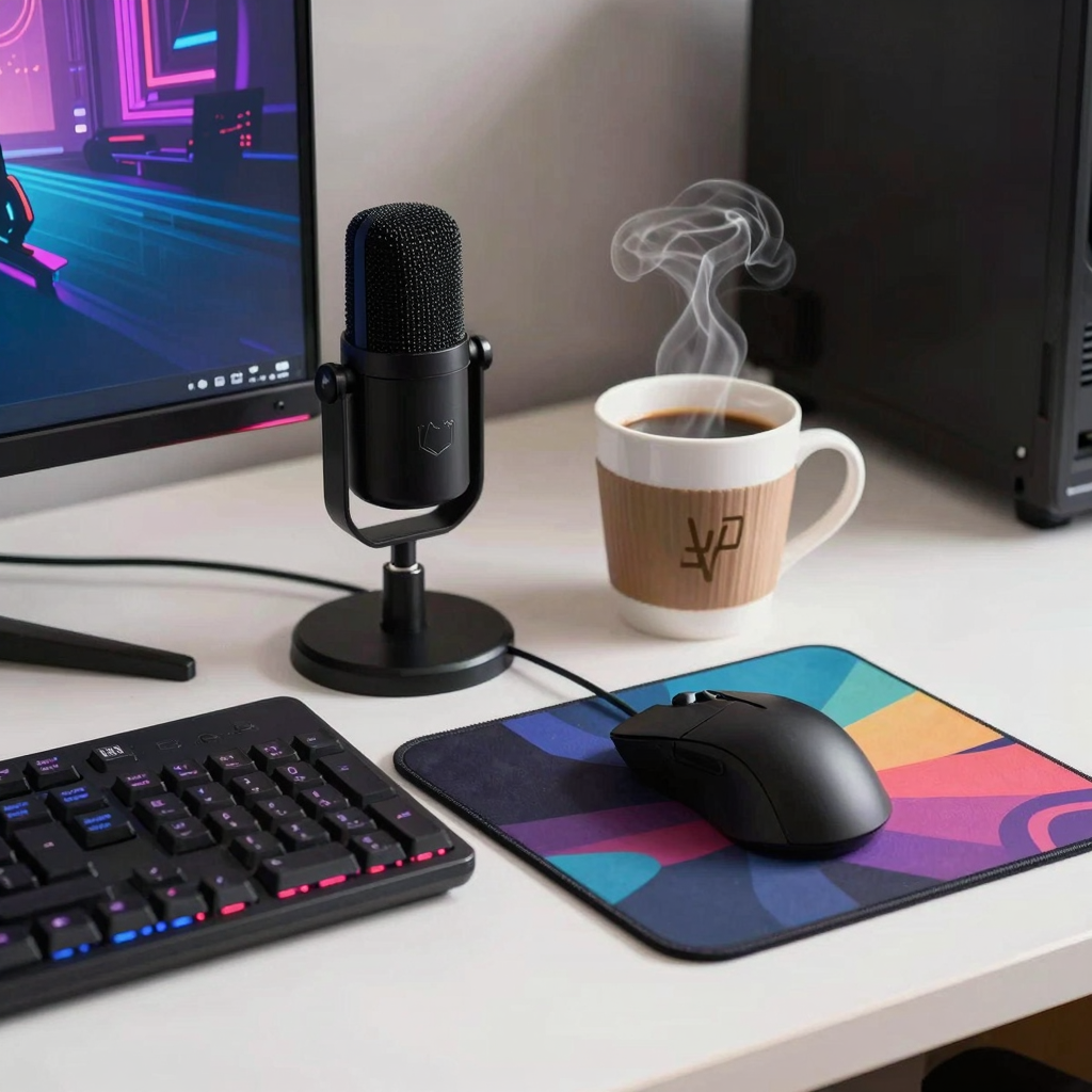 Twitch streaming setup with a coffee cup