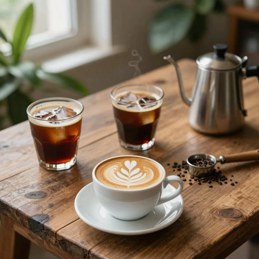 Aesthetic coffee still life scene showcasing various coffee drinks