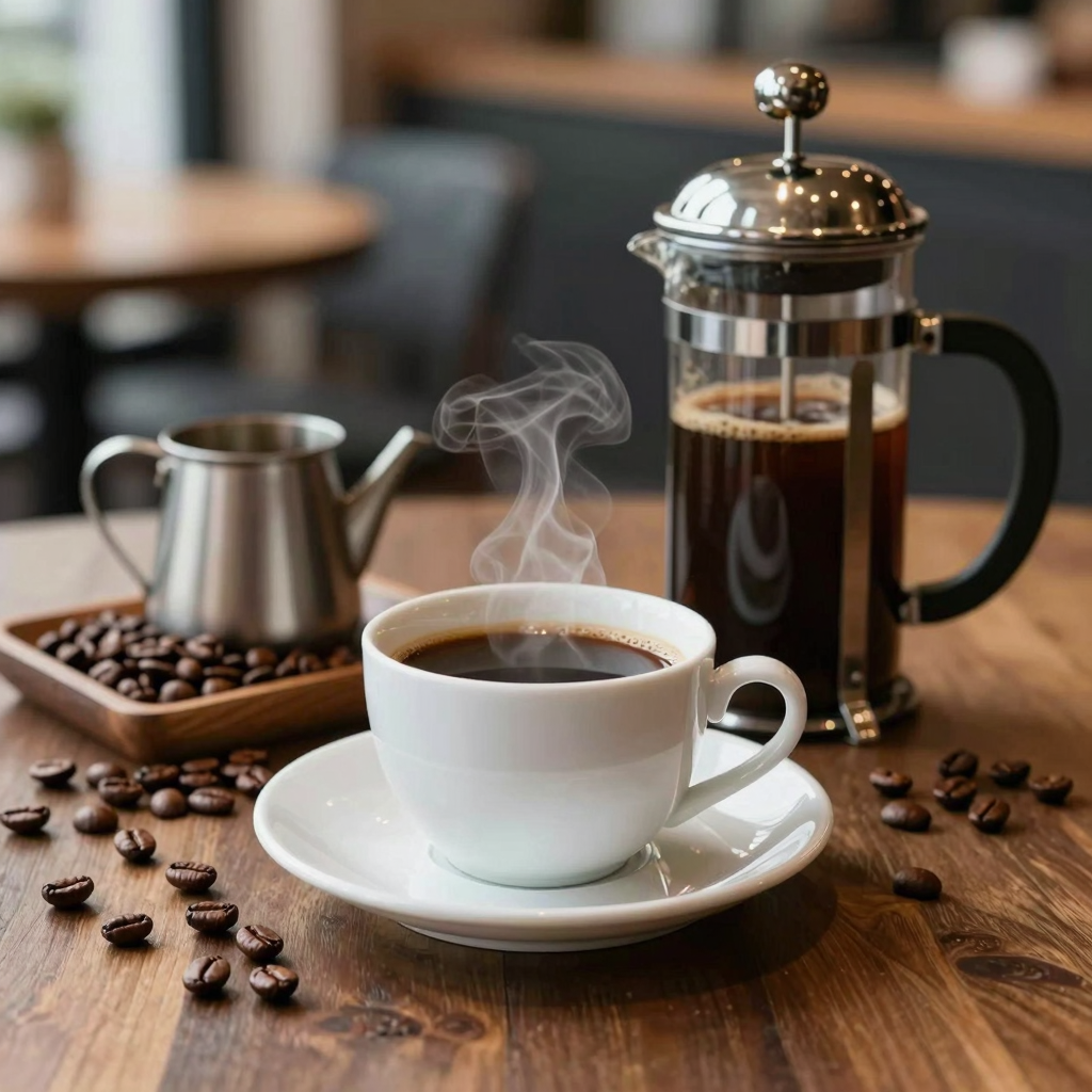 A coffee still life arrangement featuring various elements like a steaming cup of coffee, coffee beans, a French press, and a cozy cafe setting.