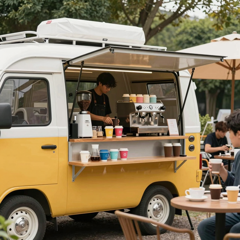 A vibrant coffee truck setup with various coffee-making equipment visible. The scene conveys a welcoming and inviting atmosphere with the truck, barista workstation, coffee machines, colorful coffee cups, and an outdoor seating area with people enjoying coffee.