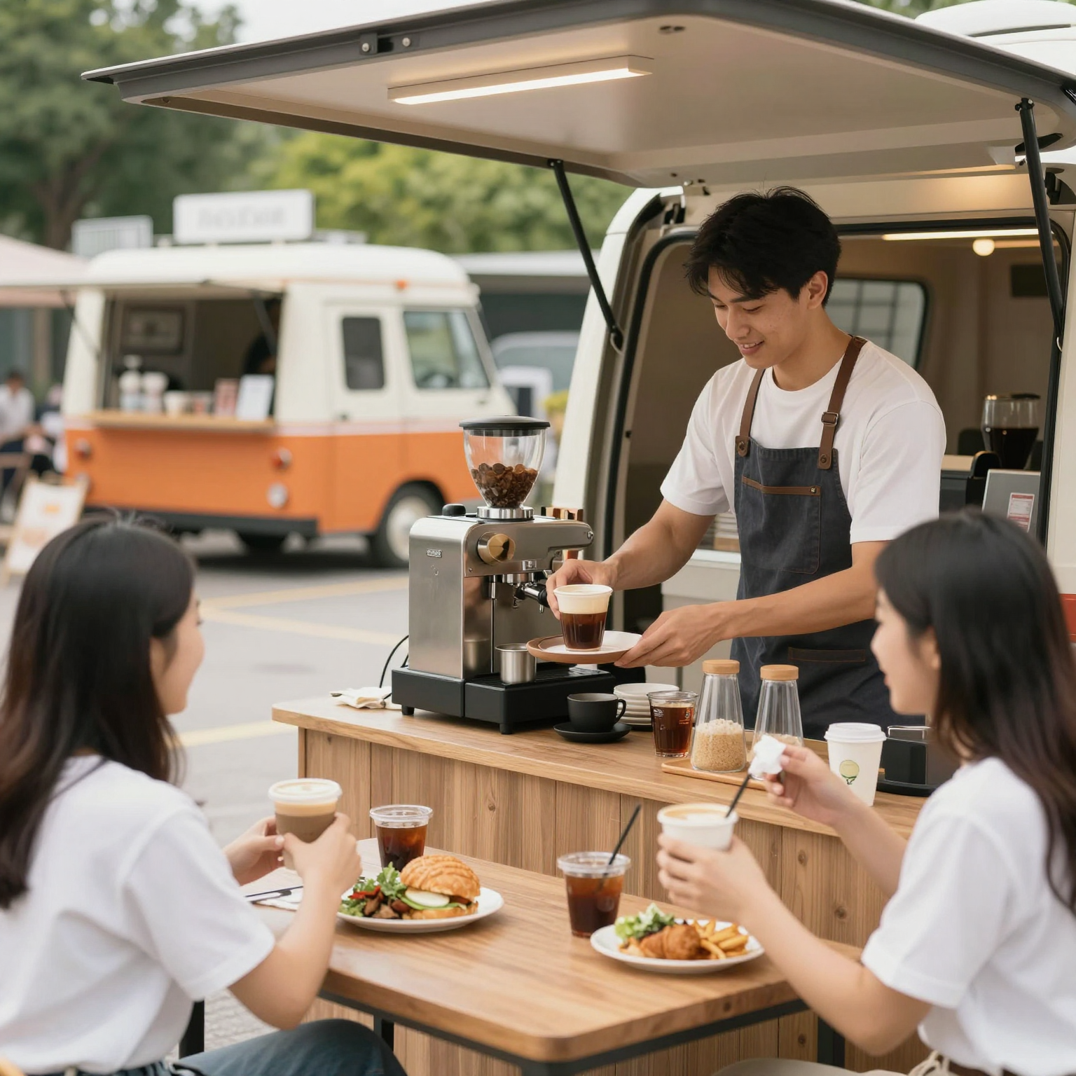 Coffee shop scene with mobile coffee service