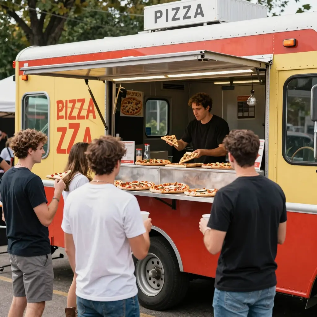 A bustling pizza truck