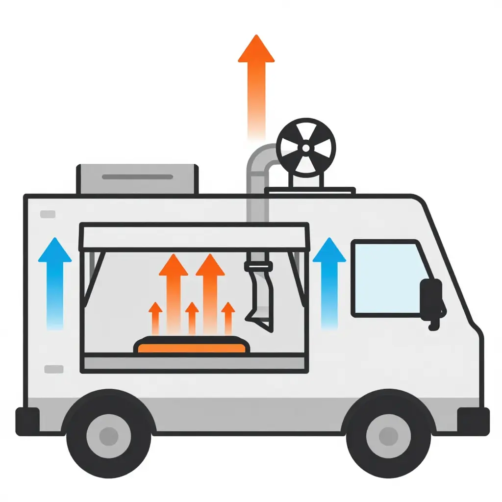 Flat schematic diagram of pizza truck hood airflow showing grease-laden air rising from the oven, capture by a sloped hood, duct routing to a roof exhaust fan, and makeup air entering the cabin through a wall vent.