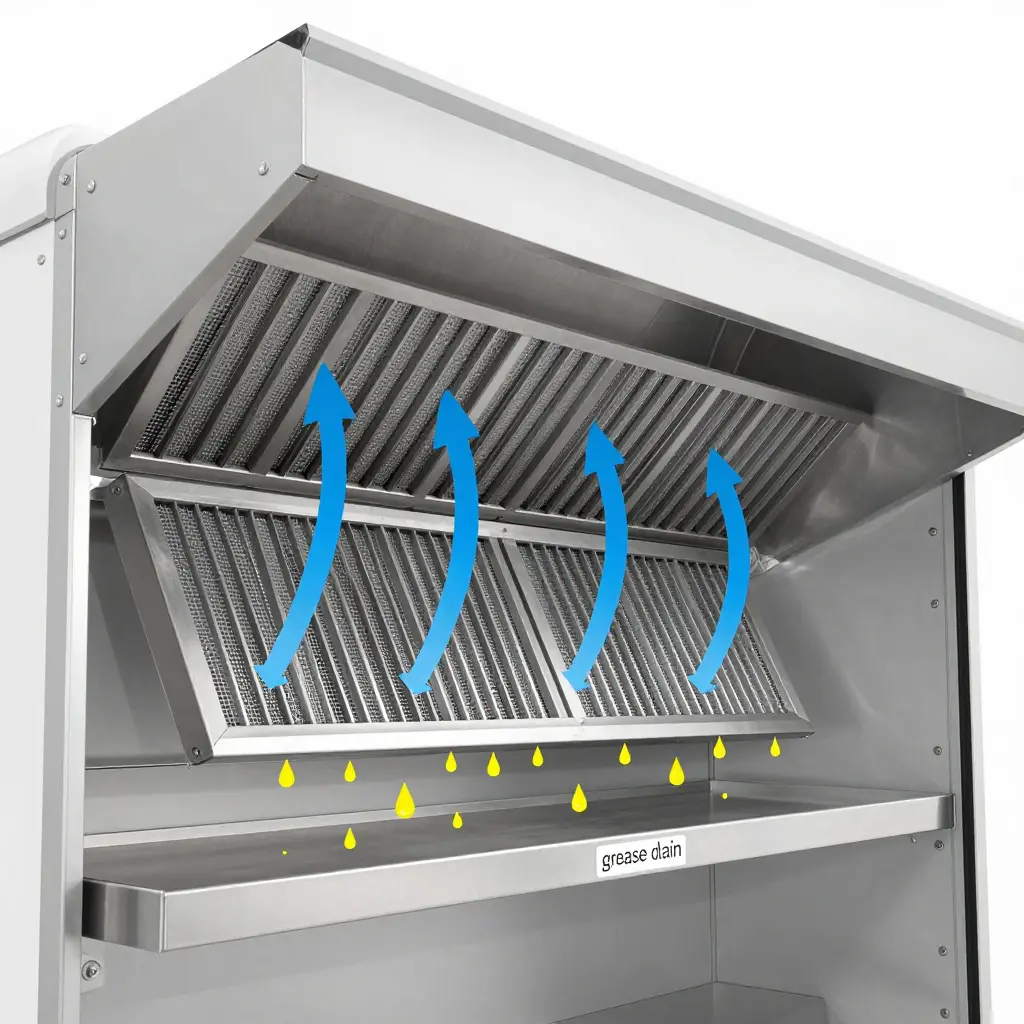Cutaway diagram of a pizza truck exhaust hood showing stainless steel baffle grease filters angled into the hood rails, airflow arrows passing through the baffles, and grease draining into a collection trough