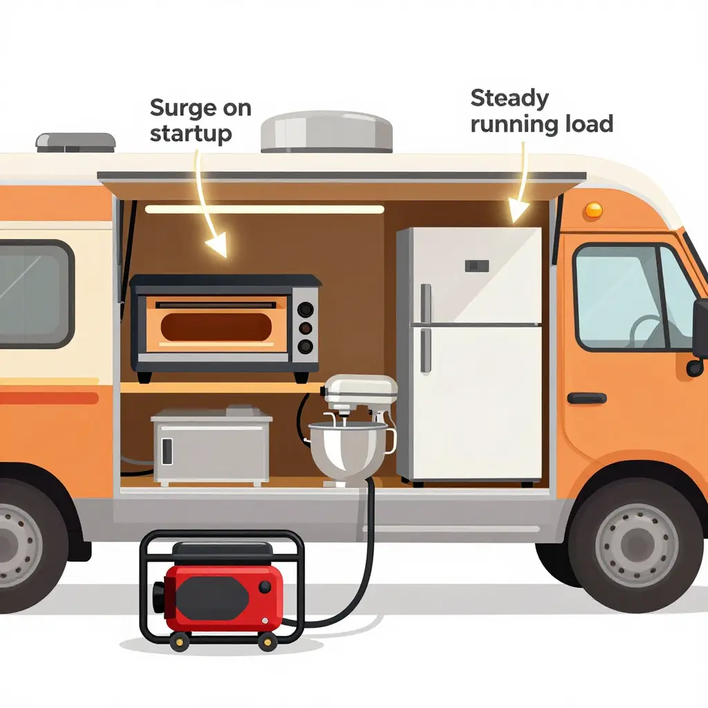 Pizza truck generator diagram showing startup surge and steady running load