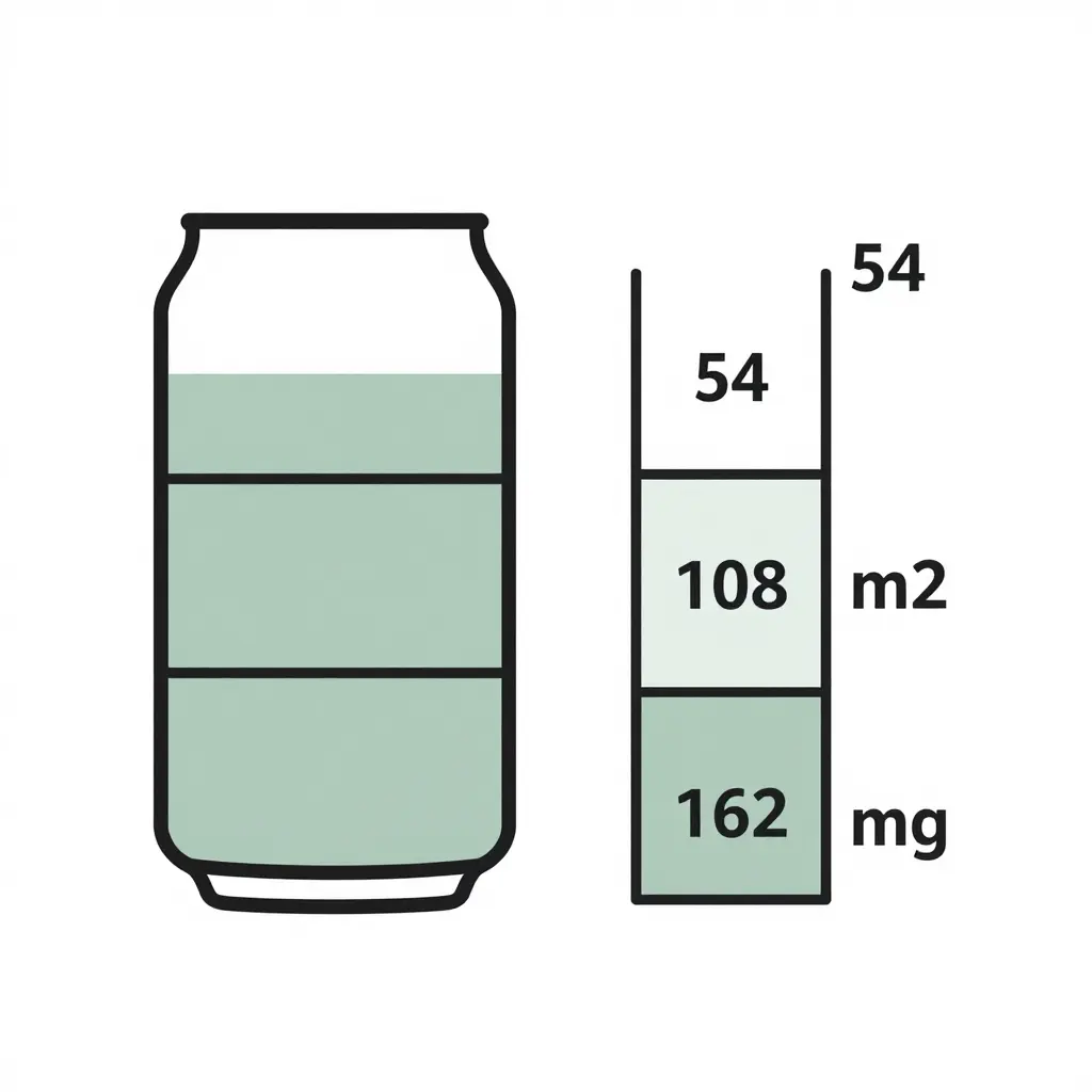 Minimalist 2D instructional diagram showing a soda can silhouette split into three equal serving blocks beside a vertical indicator bar where caffeine values escalate 54 mg, 108 mg, and 162 mg as servings multiply