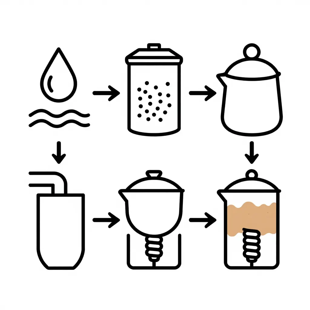 Flat 2D diagram showing the cause-and-effect flow of espresso boiler scaling: a water source droplet flows through a water softener canister and into an espresso boiler, where a heating element develops a crusty scale layer build-up.