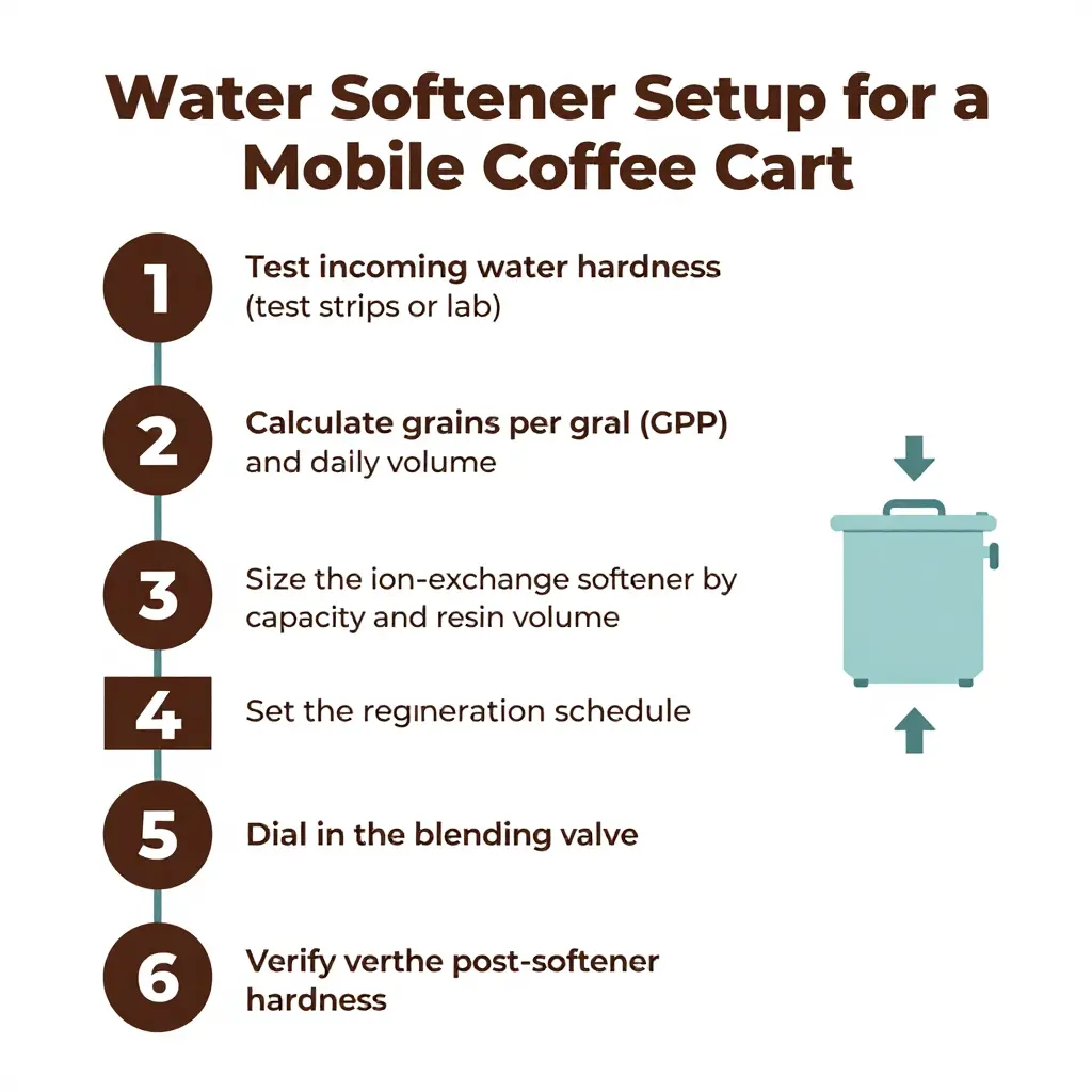 Water softener setup flowchart for a mobile coffee cart showing six steps from testing water hardness to verifying post-softener hardness